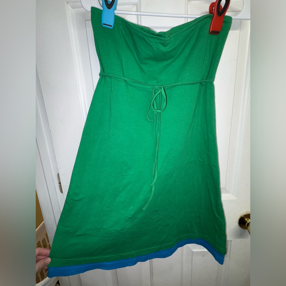 Green Strapless Dress with Blue Hem
